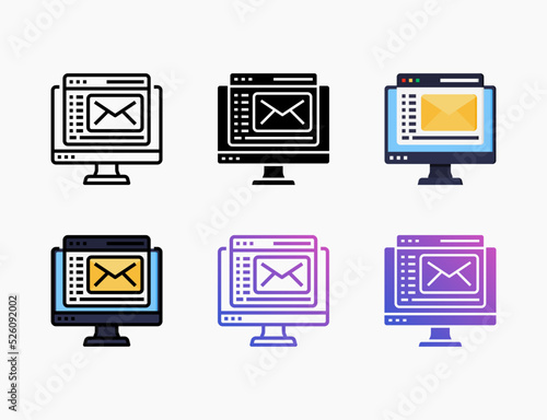 Web Mail with monitor icon set with different styles. Style line, outline, flat, glyph, color, gradient. Can be used for digital product, presentation, print design and more.
