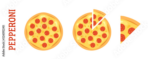 A set of illustrations of Pepperoni pizza. A top view of a whole, cut and a slice of pizza