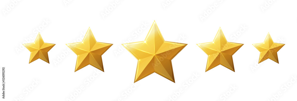 Five stars icon. Stars rating review icon.Vector stars set of realistic metallic golden stars isolated on white background. Symbol wye of leadership. Vector illustration - obrazy, fototapety, plakaty 