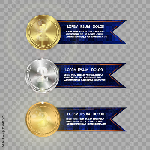 Set of gold, bronze and silver. Winner award competition, prize medal and banner for text. Award medals isolated on transparent background. Vector illustration of winner concept.	