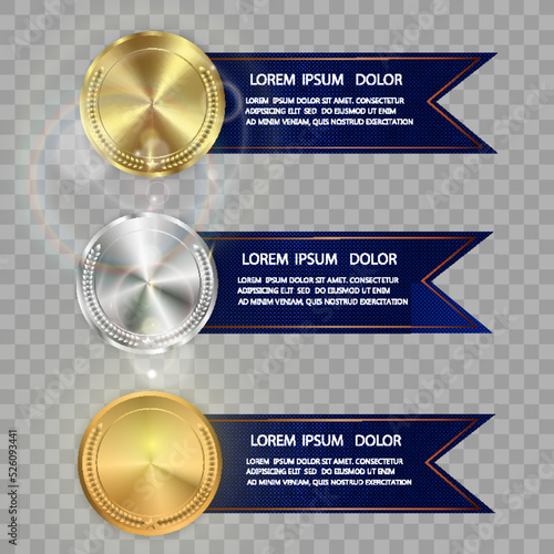 Set of gold, bronze and silver. Winner award competition, prize medal and banner for text. Award medals isolated on transparent background. Vector illustration of winner concept.	
