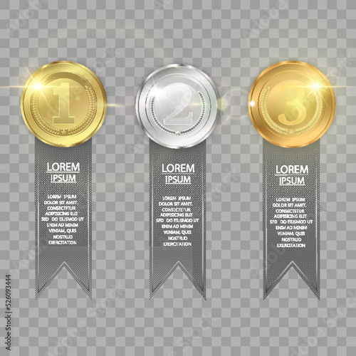 Set of gold, bronze and silver. Winner award competition, prize medal and banner for text. Award medals isolated on transparent background. Vector illustration of winner concept.	