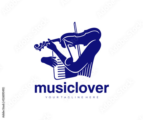 Music, sheet music, play accordion and violin, logo design. Musical instruments, songs, melody, orchestra and concert, vector design and illustration