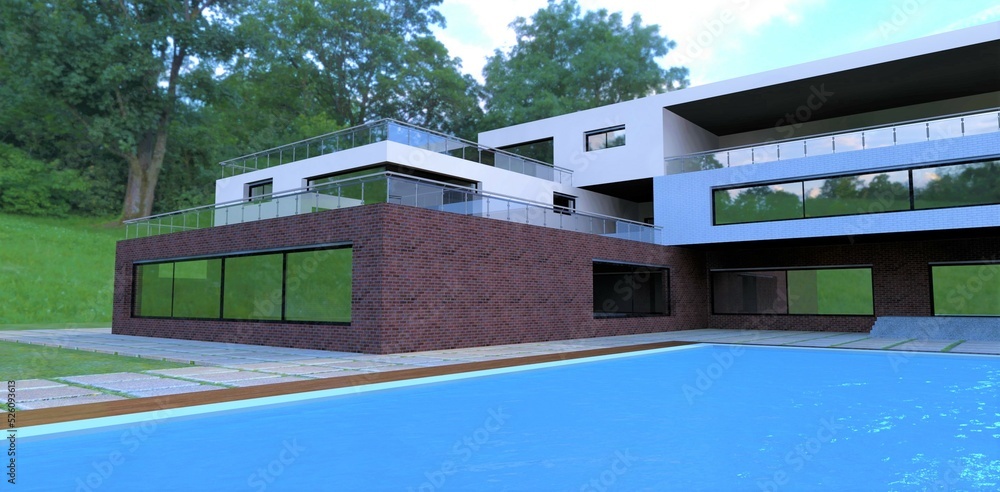 View of a bathing man from the blue pool in the yard of a newly built advanced modern villa of a unique design. 3d render.