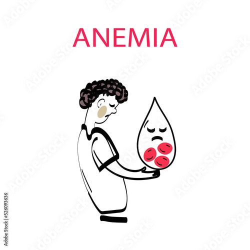 A man holds a drop of blood with a low sugar reading. Hypoglycemia and anemia concept. Vector doodle illustration.