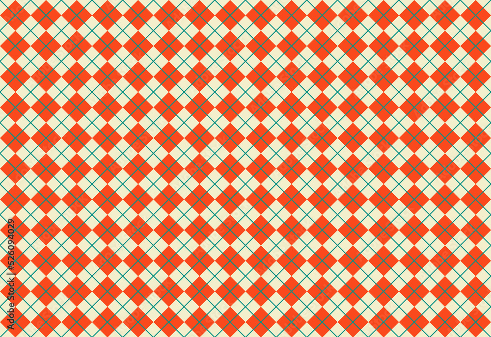 Orange and beige lozenges or diamonds crossed by green stripes, retro argyle pattern in autumnal color tones with bold details, seamless geometrical design inspiration for paper, fabrics and backdrops Orange and beige lozenges or diamonds crossed by green stripes, retro argyle pattern in autumnal color tones with bold details, seamless geometrical design inspiration for paper, fabrics and backdrops