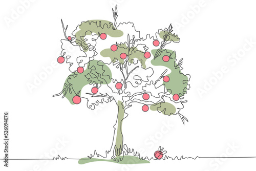 Forest gardet tree. Hand drawn icon continuous line drawing and green flat silhouette. Ecological trendy grafic concept One single line design. Outline simple image black and white Vector