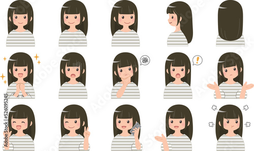 黒髪ロングの女性のバストアップイラスト 表情15セット