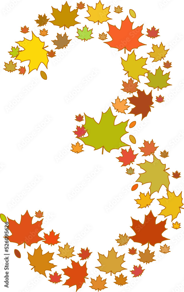 Digit 3 consisting of autumn leaves