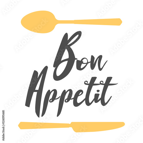 Bon appetit - hand drawn positive lettering phrase about kitchen isolated on the white background. Fun brush ink vector quote for cooking banners, greeting card, poster design.