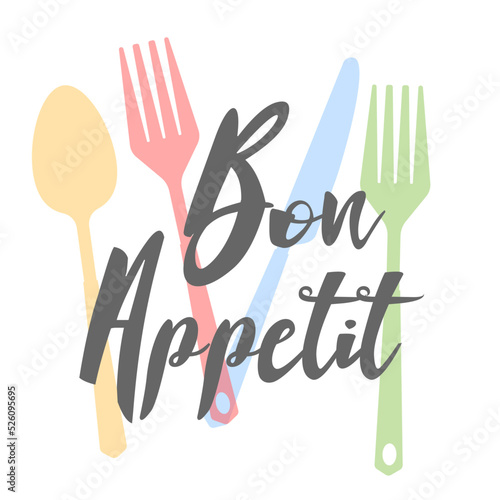 Bon appetit - hand drawn positive lettering phrase about kitchen isolated on the white background. Fun brush ink vector quote for cooking banners, greeting card, poster design.