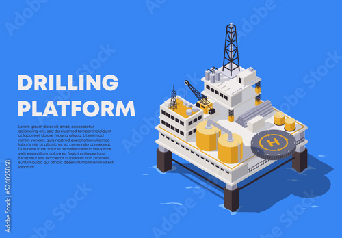 Vector illustration of an offshore drilling platform for gas and oil standing in the open sea on water in isometry