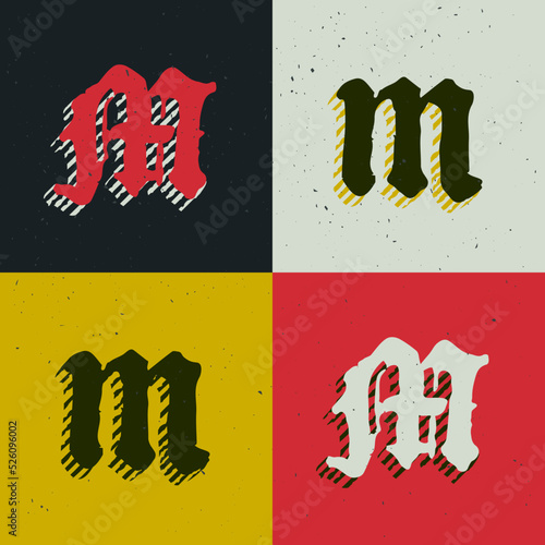 M letter blackletter style logo set with grunge texture. Stylish horror gothic font.