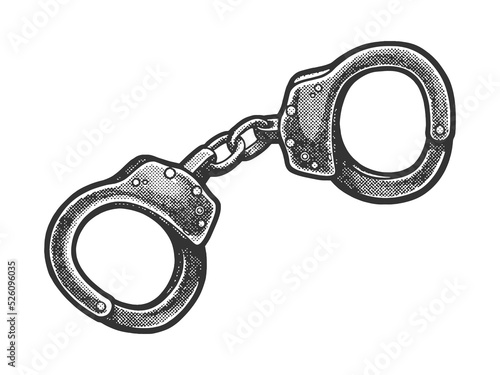 Print op canvas Police handcuffs sketch engraving vector illustration