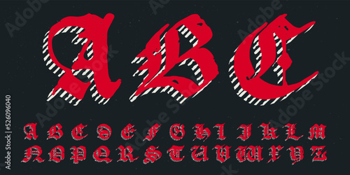 Alphabet in blackletter style logo with grunge texture. Frightening uppercase gothic icon font. photo