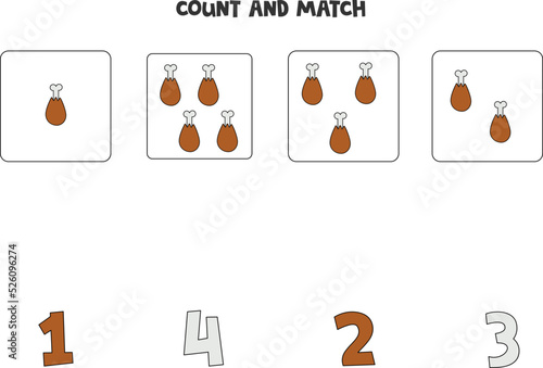 Counting game for kids. Count all meat bones and match with numbers. Worksheet for children.
