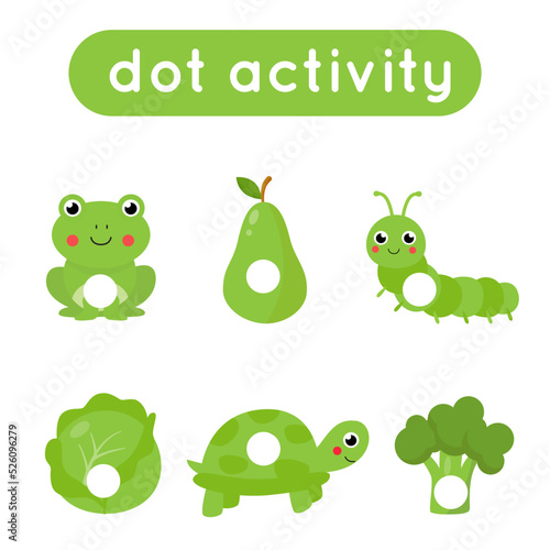 Dot a dot game for preschool kids. Cute cartoon green objects.