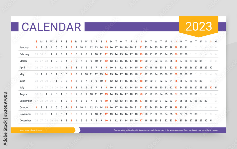 Calendar 2023 year. Linear planner template. Yearly horizontal calender. Week starts Sunday. Long annual schedule grid with 12 months. Landscape orientation, english. Vector illustration Simple design Calendar 2023 year. Linear planner template. Yearly horizontal calender. Week starts Sunday. Long annual schedule grid with 12 months. Landscape orientation, english. Vector illustration Simple design