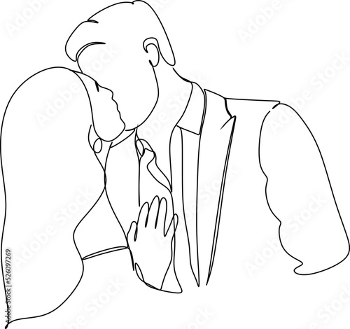 Hand drawn vector Kissing couple. One line Man and woman. Lovers. Kiss silhouette for Valentine's day card or wedding invitation