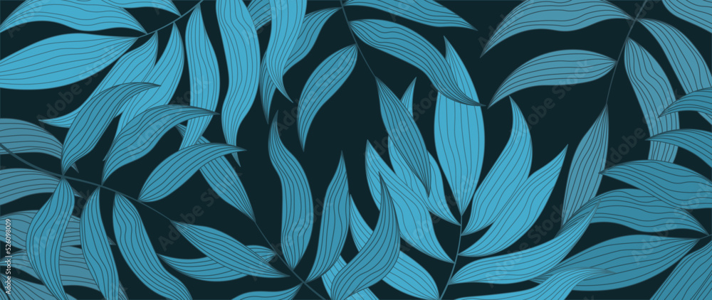 luxury blue palm leaves wallpaper. Tropical leaf background design for wall art in dark colors, blue, cyan. For prints, fabric, pattern and cover. vector illustration. luxury blue palm leaves wallpaper. Tropical leaf background design for wall art in dark colors, blue, cyan. For prints, fabric, pattern and cover. vector illustration.