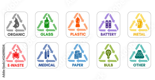 Waste sorting icon vector set. Organic, glass, plastic, metal and paper garbadge collection. Recycling stickers illustration.