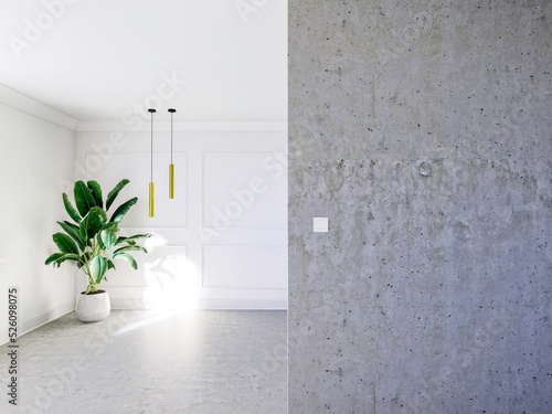Wnętrze, pokój z białymi ścianami i ozdobnymi sztukateriami. Mockup 3d rendering