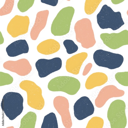abstract spots illustration, trendy palette seamless pattern. textile or print design, yellow, pink and green blue shapes.