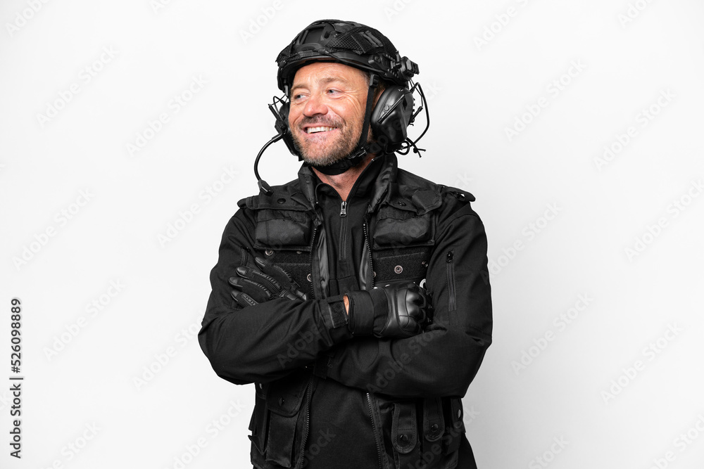 Middle age SWAT man isolated on white background happy and smiling Middle age SWAT man isolated on white background happy and smiling