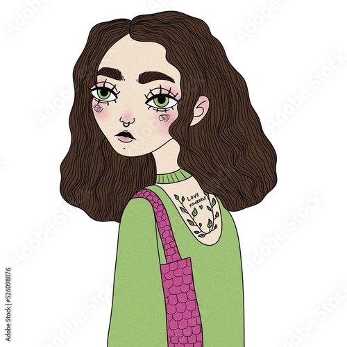 calm teenager girl looking over the shoulder and holding a shopper. brunette girl with tattoo on a back love yourself. 