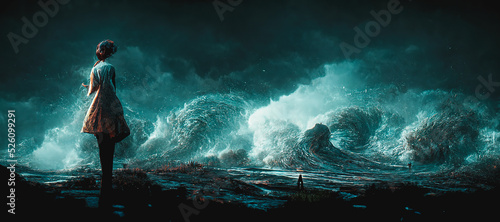 Spectacular image of massive splashing wave crashes on the reef as a defiant woman stands defiantly on the beach. Digital art 3D illustration.