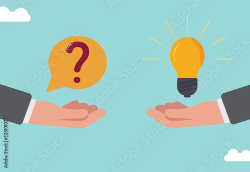 Question and answer, businessman hand holding question mark with other reply with lightbulb. solving problem or business solution.