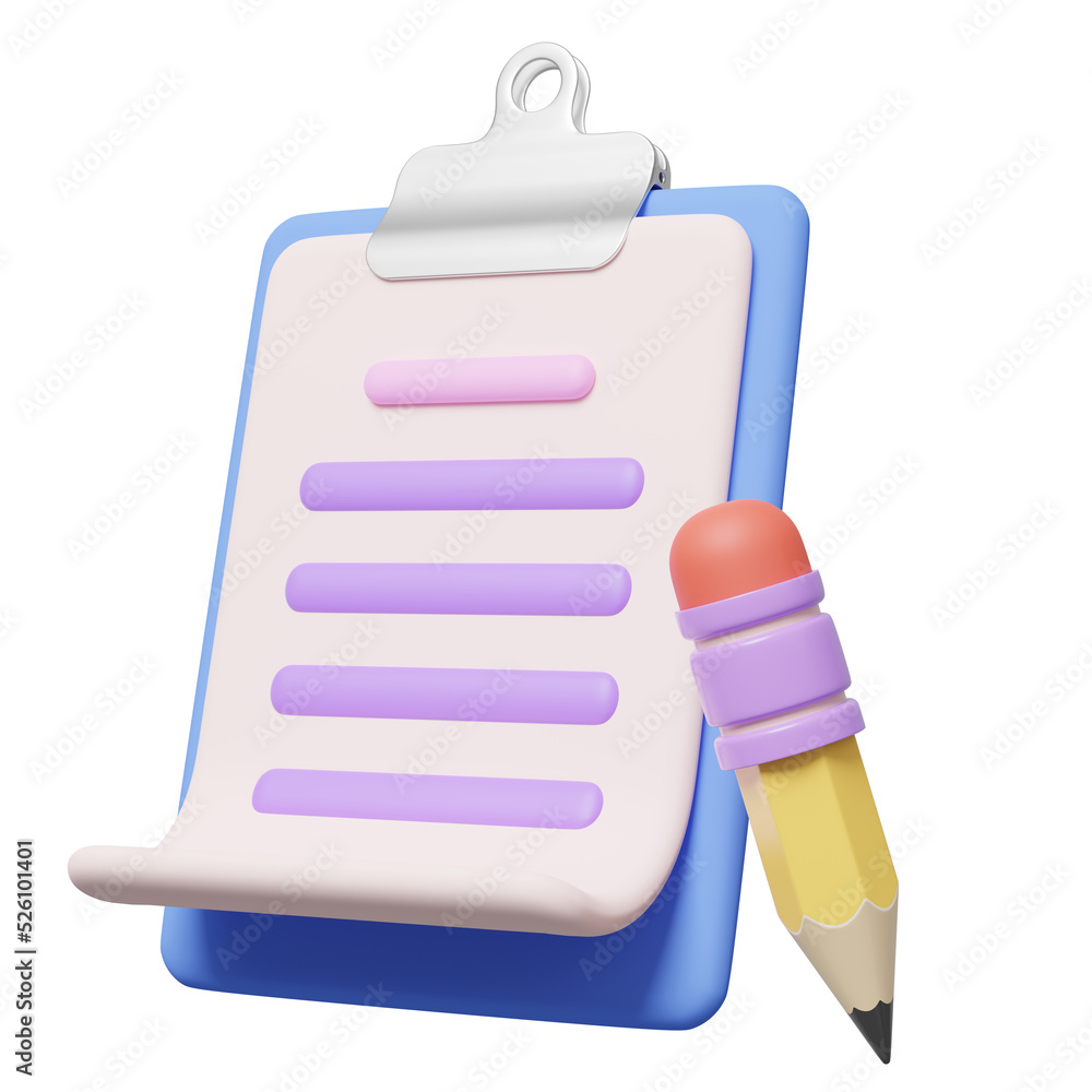 3D Clipboard, white sheet and pencil floating on blue background. Copywriting, notepad, writing on document, note taking, project plan concept. Cartoon icon minimal style. 3d render with clipping path 3D Clipboard, white sheet and pencil floating on blue background. Copywriting, notepad, writing on document, note taking, project plan concept. Cartoon icon minimal style. 3d render with clipping path