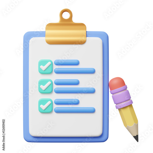 3d Checklist and pencil on blue background. Confirmed or approved document icon. Beige clipboard with paper sheets with check marks symbol. Cartoon icon minimal style. 3d render with clipping path.