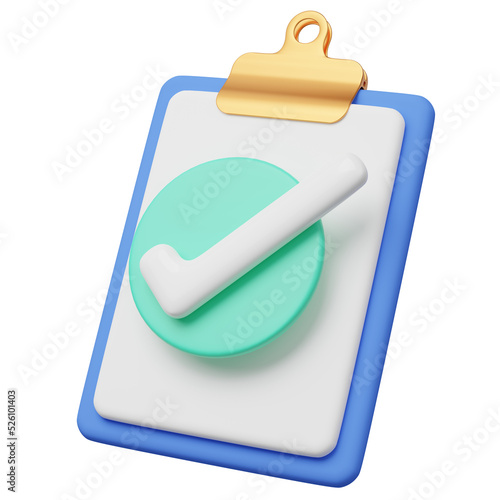 3d paper sheets with check marks on blue background. Confirmed or approved document icon. Beige clipboard with checklist symbol. Assignment done. Business cartoon icon. 3d render with clipping path.