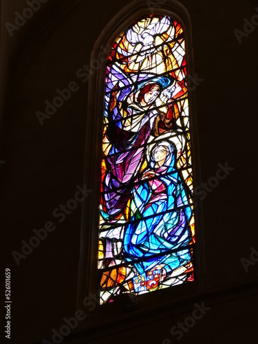 Stained glass window in the parish church of Nuestra Senyora de los Angeles in Sineu, Mallorca, Balearic Islands, Spain
