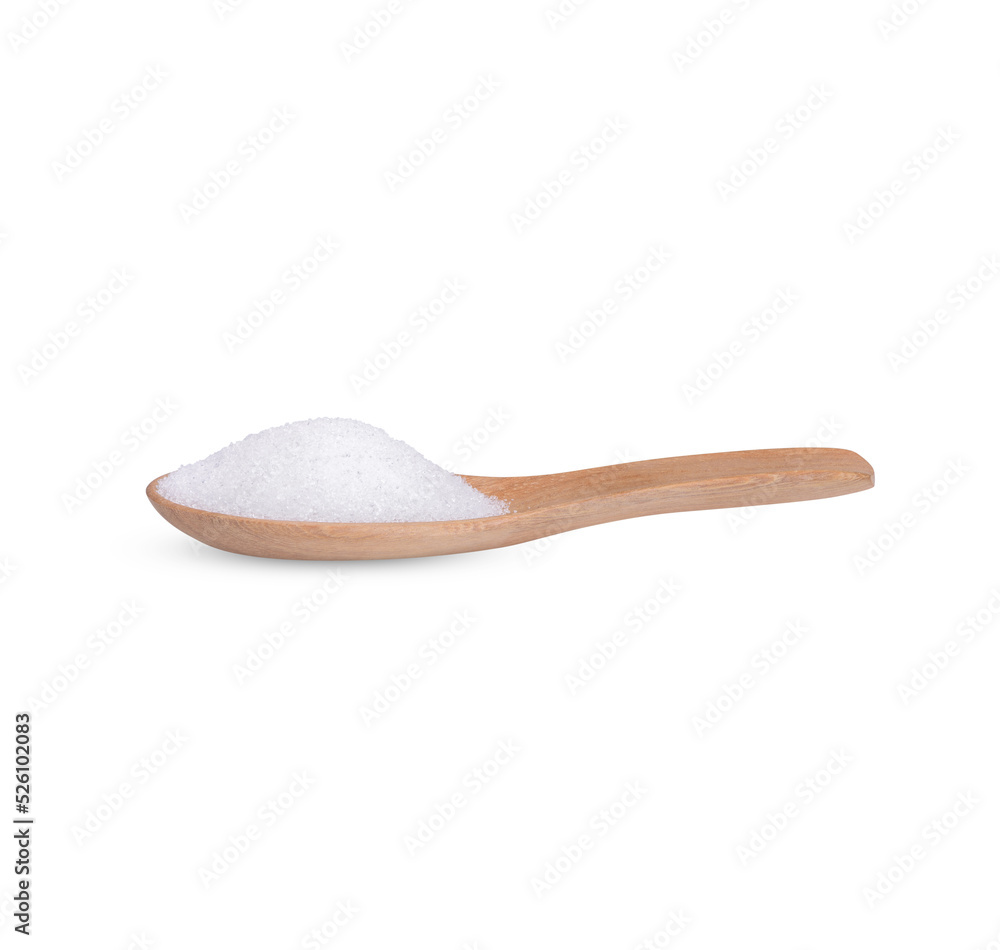 Sugar in a wooden spoon isolated on white background Sugar in a wooden spoon isolated on white background