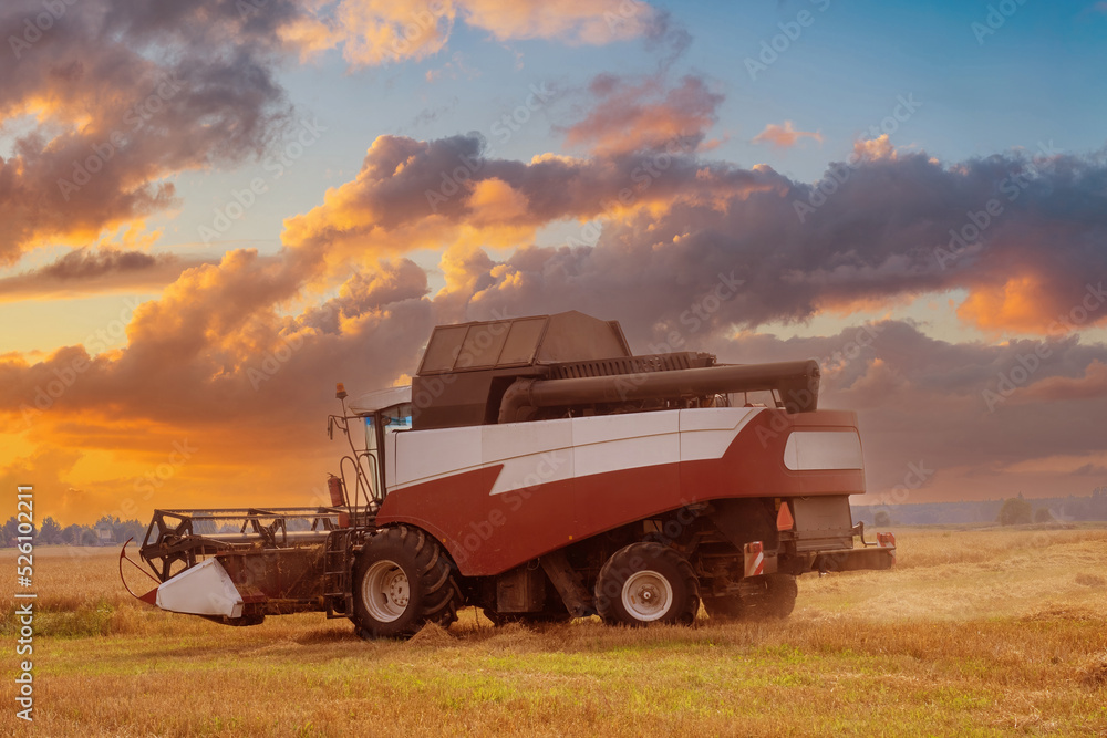 Combine harvesting. Grain harvester on field. Combine harvesting against backdrop of sunset. Harvest wheat and grain. Combine harvesting without people. Business in agroindustry concept Combine harvesting. Grain harvester on field. Combine harvesting against backdrop of sunset. Harvest wheat and grain. Combine harvesting without people. Business in agroindustry concept