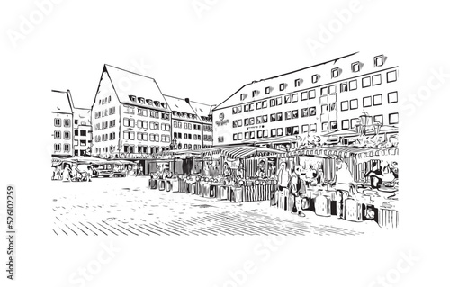 Building view with landmark of Nuremberg is the 
city in Germany. Hand drawn sketch illustration in vector.