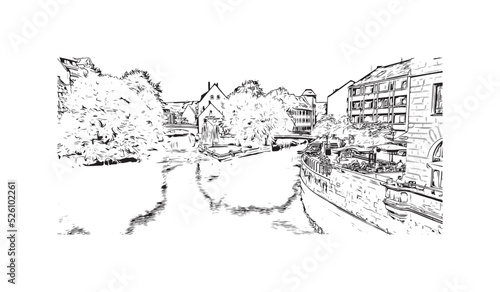 Building view with landmark of Nuremberg is the city in Germany. Hand drawn sketch illustration in vector.