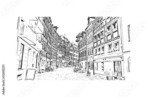 Building view with landmark of Nuremberg is the city in Germany. Hand drawn sketch illustration in vector.