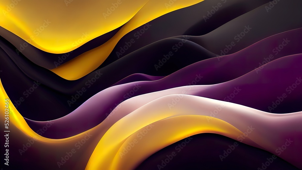 Yellow, purple and black wallpaper. Wave pattern. Soft silk fabric. Texture graphic 3D render. Soft satin drapery.