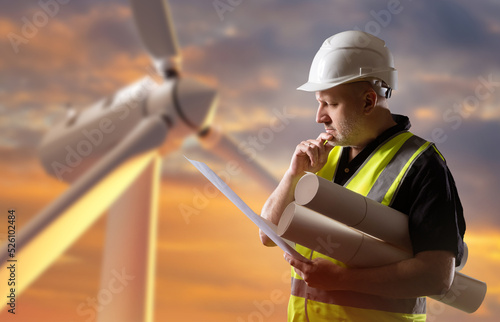 Wind farm builder. Man with...