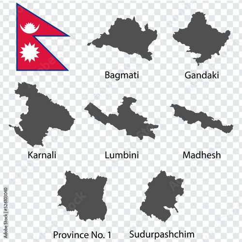 Seven Maps  Regions of Nepal- alphabetical order with name. Every single map of Region are listed and isolated with wordings and titles.  Nepal. EPS 10.