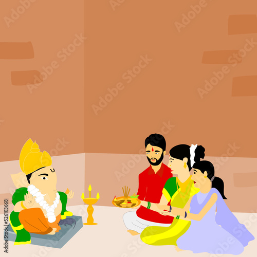 Vector of happy Indian family celebrating Ganapati Festival or Ganesha Chaturthi with traditional wear and performing pooja at home.