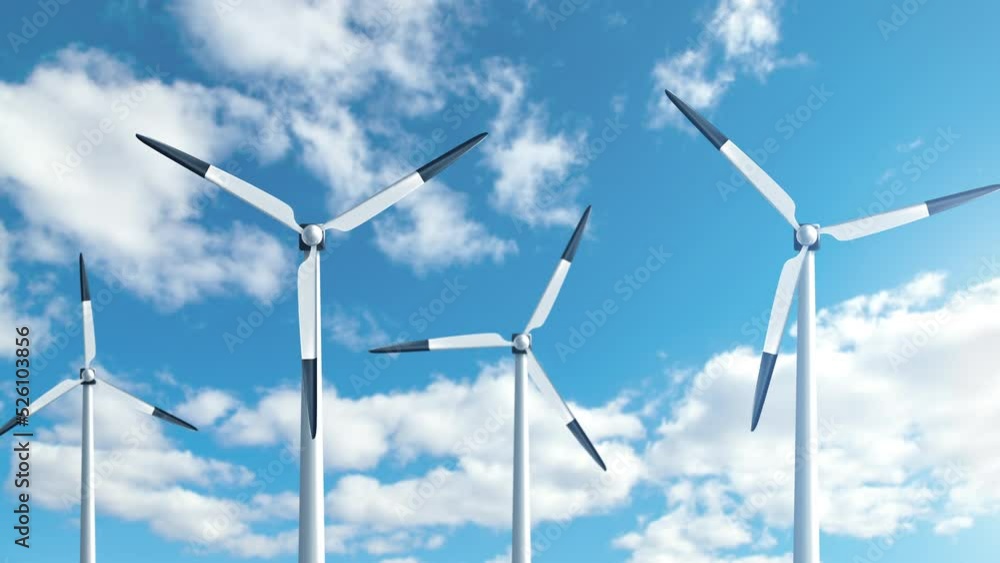 Wind turbines farm at beautiful blue sky background. Ecologic energy generators on cloud mountain landscape. Green renewable alternative power generation for bitcoin mining Wind turbines farm at beautiful blue sky background. Ecologic energy generators on cloud mountain landscape. Green renewable alternative power generation for bitcoin mining