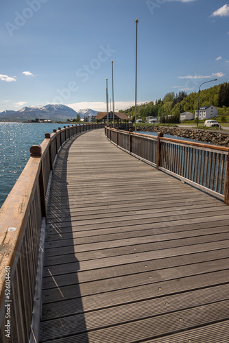 Exposure of Pedestrian bridge in Akureyri, Iceland. The bridge is located by Drottingarbraut road. It was given the name Samkomubrú, meaning Reunion Bridge.