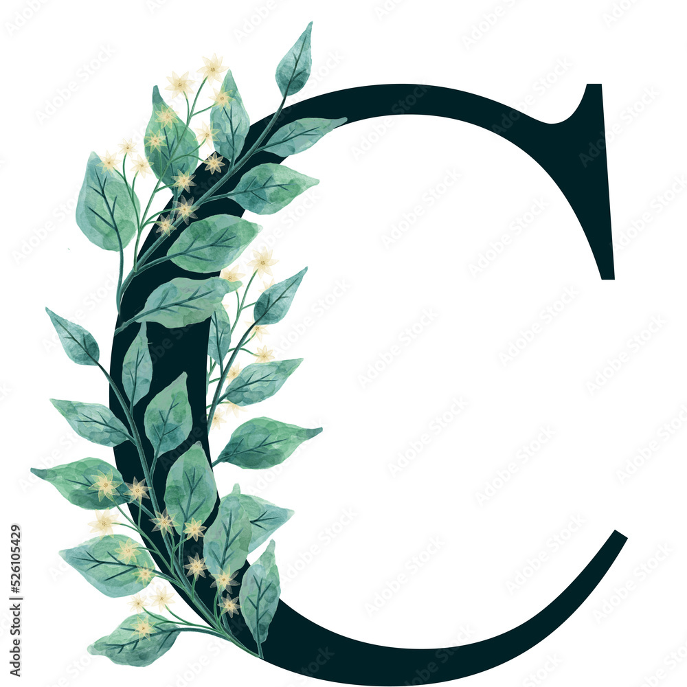 Black Letter C PNG with floral arrangement with transparent background