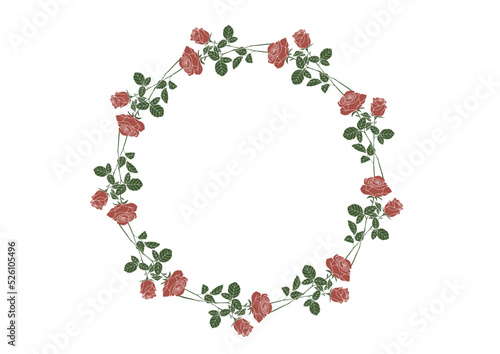 赤いバラのリース 手描きの薔薇の飾り枠