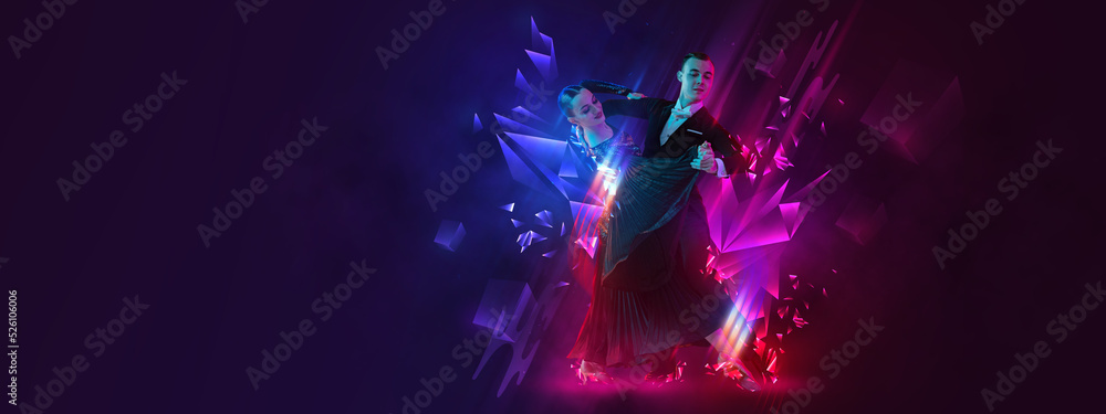 Poster, flyer with graceful young couple dancing ballroom dance over dark background with colorful neon elements. Art, music, dance style concept - obrazy, fototapety, plakaty 