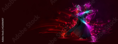 Foto Poster, flyer with graceful young couple dancing ballroom dance over dark background with colorful neon elements